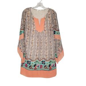 Umgee Mixed Floral Print Flowy V Neck Tunic Top Small Boho Festival Peasant